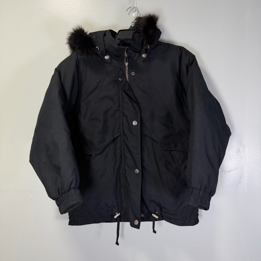 Towne London Fog Winter Faux Fur Hooded Down Puffer Coat Black‎